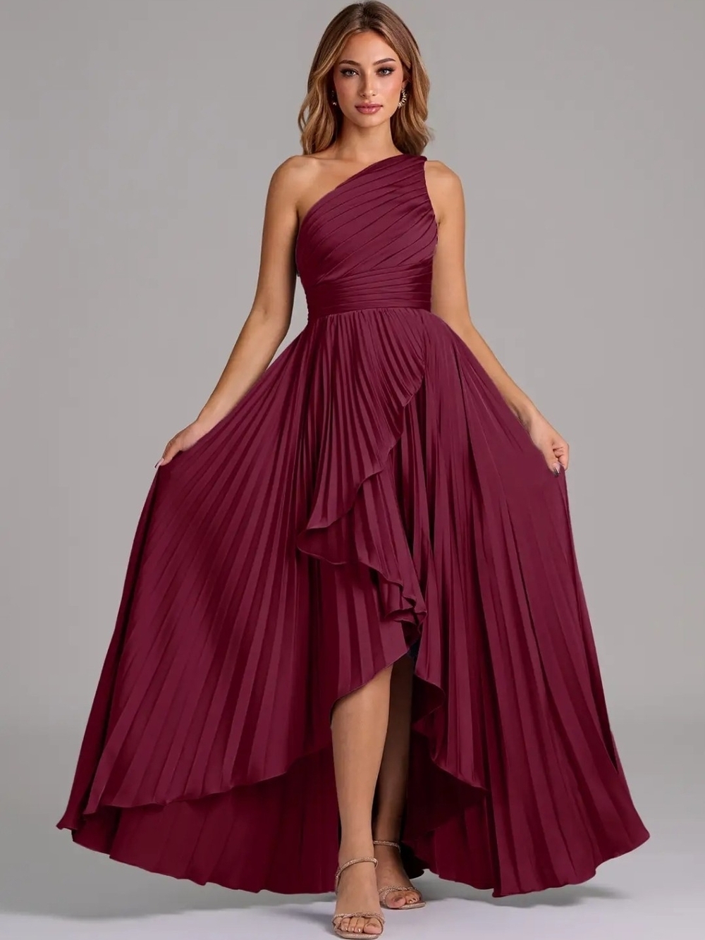 Bridesmaid Satin Pleated One-Shoulder Maxi Dress Burgandy 6 Closure Adjustable